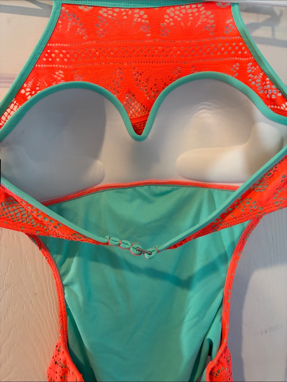 No Boundaries Size 11/13 Neon Coral Crochet One-Piece Swimsuit with Mint Trim - Picture 7 of 15